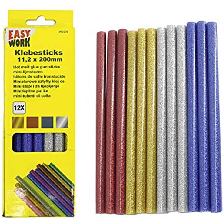 Easy Work Klebesticks farbig mit Glitzer, 12 Stück, geeignet zum Verzieren auf Papier, Karton und Textilien