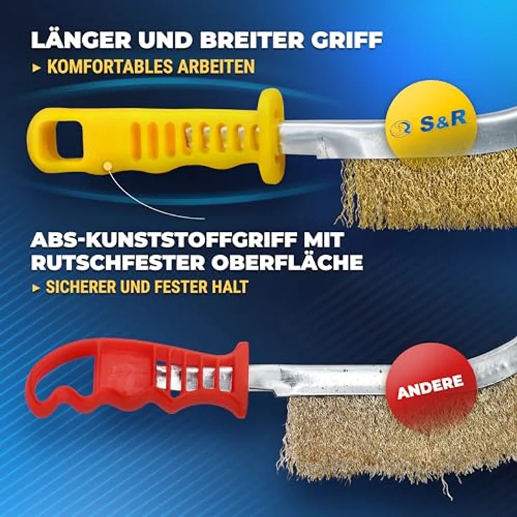 S&R 3-teiliges Hand-Drahtbürsten-Set, Edelstahl-, Messing- und Stahlbürsten für Metall, Holz und Rostentfernung – Ergonomische Handbürsten für Werkstatt & DIY-Projekte – Bild 4