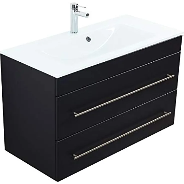 emotion Badmöbel Vitro 1000 mit Glaswaschbecken SoftClose schwarz, Made in Germany, weiche Ecken und Kanten, Premium-Feature Softclose-Schließsystem