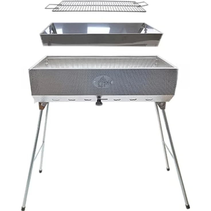 Grillpeter Holzkohlegrill Mangal Taschkent Schaschlikgrill Edelstahl rostfrei, Multifunktional, für Schaschlik, Holzfällersteaks, Hähnchen, Fisch und Gemüse, zusammenklappbare Beine, 57x28cm, für bis zu 15 Spieße geeignet, rostfrei, in Edelstahl – Bild 8