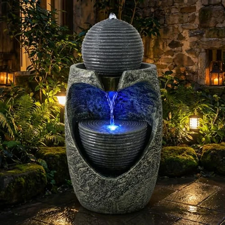 Köhko Gartenbrunnen „Steinquell Aura“, moderner Zierbrunnen mit LED und Natursteinoptik, 76 cm hoch – Bild 6