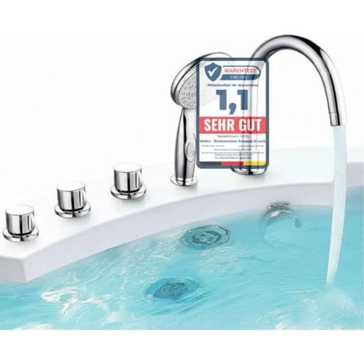 Melko 5-Loch Badewannenarmatur mit Handbrause, Wasserfall-Design, Chrom, Fliesenrandmontage, 2m ausziehbar – Bild 1