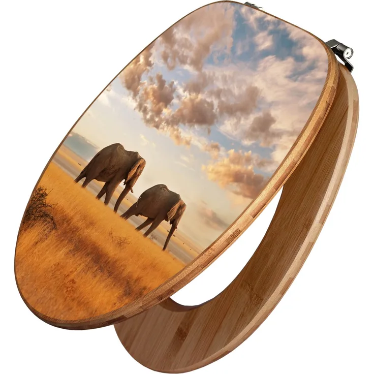 Banjado Bambus WC Sitz mit Elefanten-Motiv, Toilettendeckel aus robustem Holz, Universal Scharnieren, 44cm x 38cm x 5,5cm