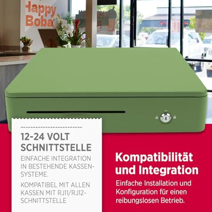 Olympia M 405 Grün, Kassenlade mit 8 Münzfächern, 4 Scheinfächern, Vollmetallgehäuse, elektrischer Anschluss RJ11/RJ12, Schloss und Schlüssel – Bild 3