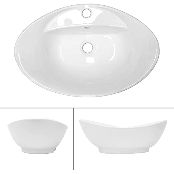 ML-Design Waschbecken aus Keramik Weiß glänzend 59x20,5x39,5 cm, Ovale Aufsatzwaschbecken, Moderne Waschtisch, Waschschale mit Abflussloch, Waschplatz Handwaschbecken, für das Badezimmer und Gäste-WC – Bild 2