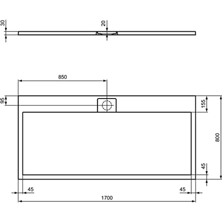 Ideal Standard Ultra Flat S i.life Duschwanne, rechteckig, 170 x 80 cm, Kunstharz, rutschfest, matt, Steinoptik, weiß – Bild 2
