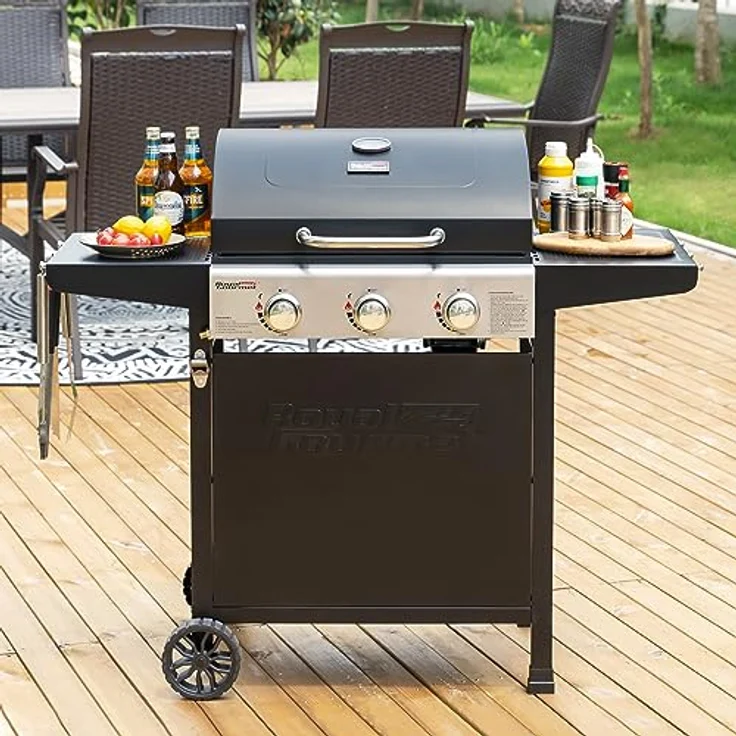 Royal Gourmet Gasgrill Grillwagen 3 Brenner 9 kW Camping Gaskocher mit Kochplatte, Gartengrill mit Flaschenöffner, Druckminderer und Gasschlauch Grillrost ca. 60 x 42 cm, Schwarz – Bild 2