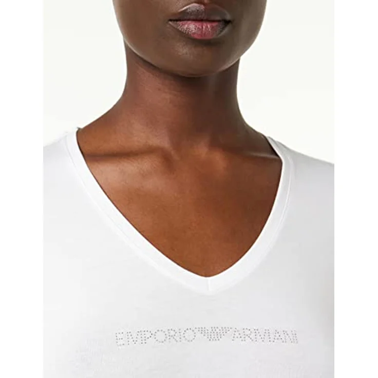 Emporio Armani Damen Kurzarmshirt T-Shirt Homewear, figurbetont, weiß, Größe M, mit Logo aus Dekorsteinen – Bild 2