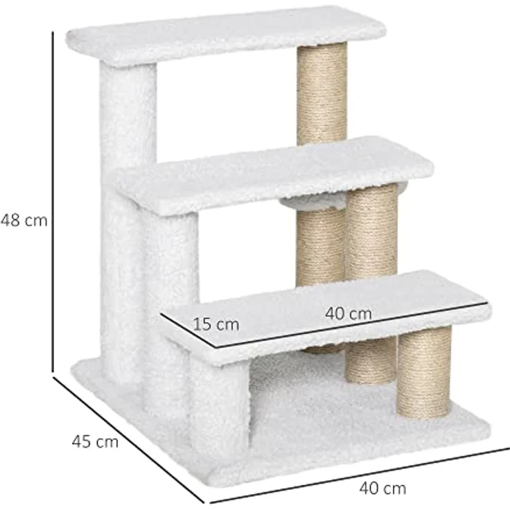 Pawhut Haustiertreppe mit Kratzbaum Ball 3-stufige Katzentreppe Hundetreppe Tiertreppe Spanplatte Plüsch Jute Weiß 45 x 40 x 48 cm – Bild 3