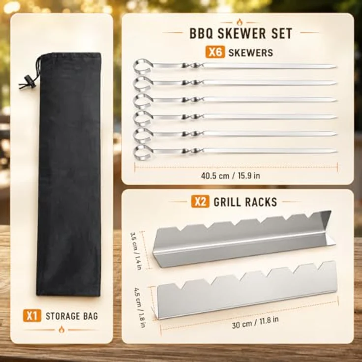 Homealexa Schaschlikspieße Set, 6 Stück 40,5 cm Edelstahl Grillspieße mit 2 Spießhaltern, flache BBQ Spieße für Fleisch und Gemüse, wiederverwendbar und leicht zu reinigen – Bild 2