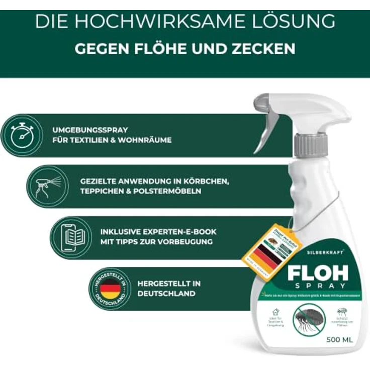 Silberkraft Insektenspray Flohspray Textil & Umgebung 500 ml, gezielte Flohbekämpfung für Textilien & Umgebung, inkl. E-Book mit Tipps zur Vorbeugung – Bild 7