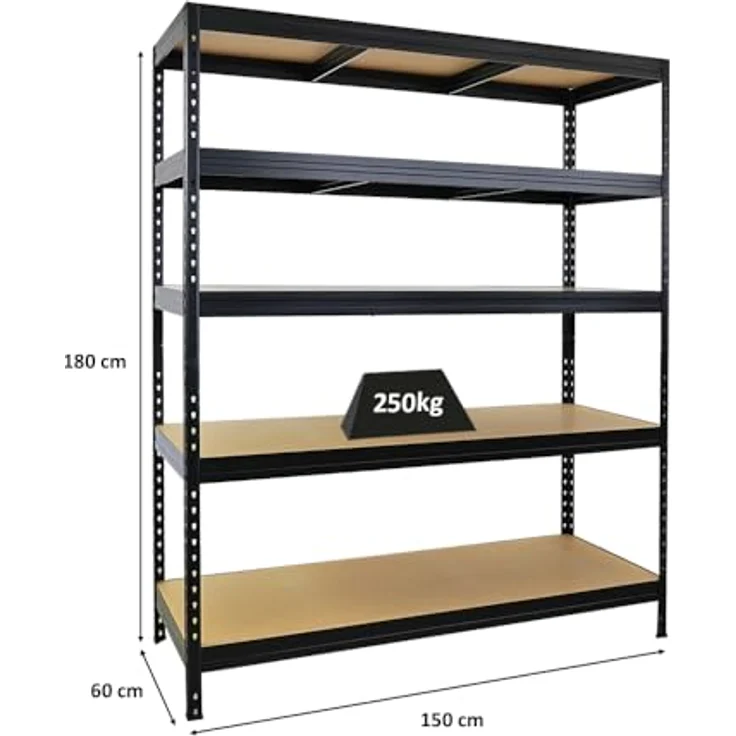 Proregal Schwerlastregal Rivet, 180 x 150 x 60 cm, 5 Böden, Traglast 250 kg pro Boden, Steckmontage, Schwarz – Bild 2