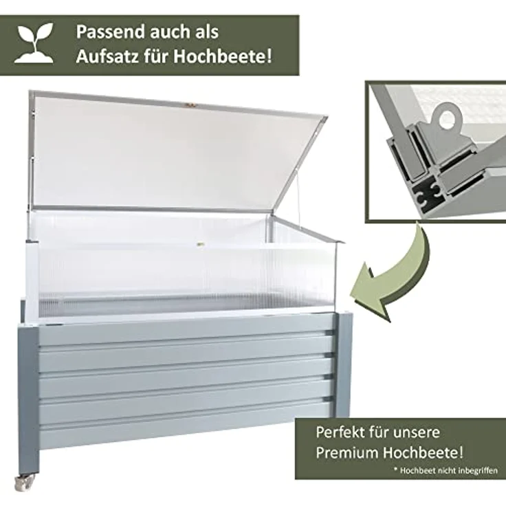 NATIV Frühbeet aus Aluminium | Frühbeetkasten 56,5 x 110 cm | Frühbeet Aufsatz für Hochbeet | Mini Gewächshaus | Hochbeet Abdeckung mit 2-Fach arretierbarem Dach – Bild 5