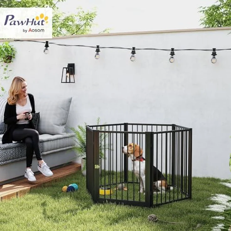 PawHut Welpenauslauf 76 cm Hoch, 6-TLG Hundelaufstall aus Stahl mit Tür für kleine bis mittelgroße Hunde, Schwarz – Bild 2