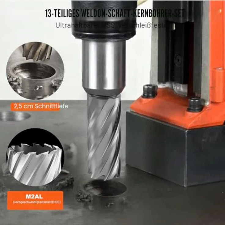 VEVOR Kronenbohrer-Set Metall 13 tlg. HSS mit 25,4 mm Schnitttiefe, Zubehör für Magnetbohrmaschinen, inkl. Inbusschlüssel und Führungsstiften – Bild 2