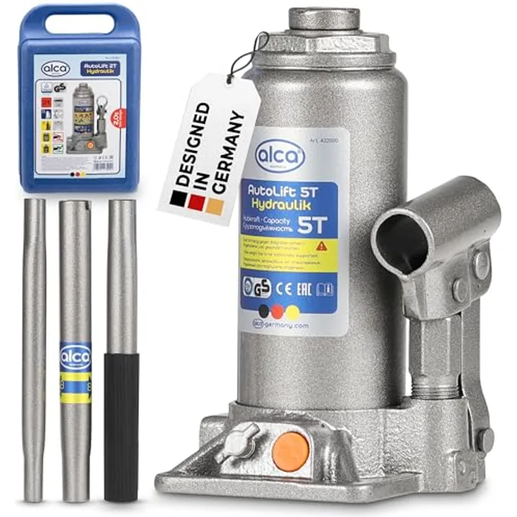 alca® Wagenheber Unterstellheber, hydraulischer Flaschenheber mit 5t Tragkraft, Hubhöhe 197 bis 382 mm, silber, inkl. Koffer