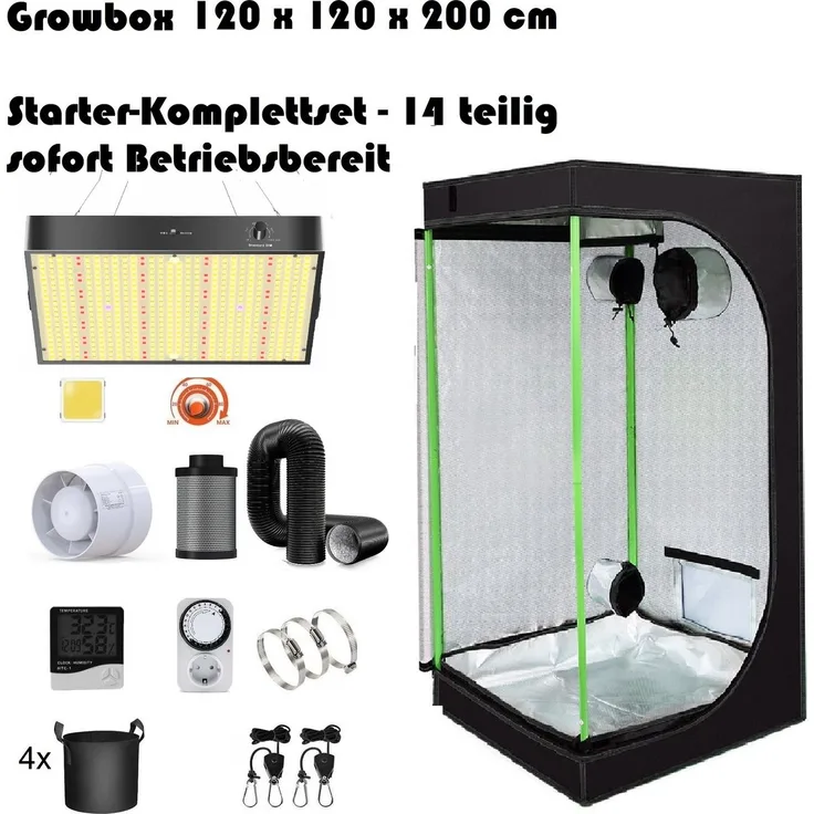 JUNG Gewächshaus Growbox Komplettset Anzuchtset mit LED Lampe, 120 x 120 x 200 cm, Growbox mit Abluft und Samsung LED Q120, 200W, Schwarz