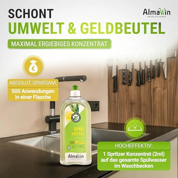 Almawin Spülmittel Zitronengras, 1l Geschirrspülmittel mit biologischem Zitronengrasöl und rückfettenden Weizenproteinen – Bild 3