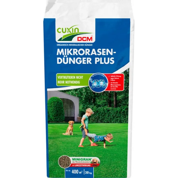Cuxin DCM Rasendünger Mikro Plus, organisch-mineralischer NPK-Dünger mit Mikroorganismen, 20 KG für 400 qm