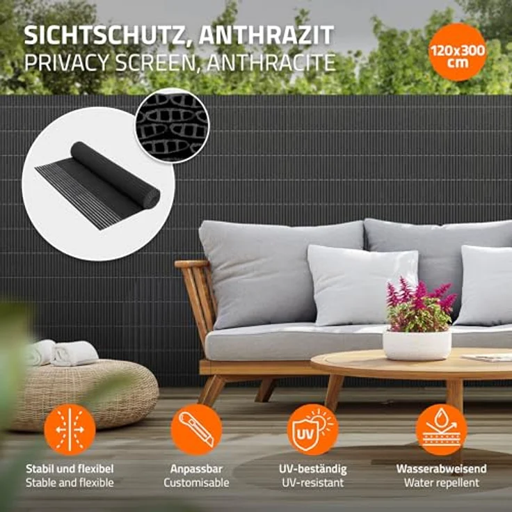 ECD Germany PVC Sichtschutzmatte 120x300 cm, Anthrazit, UV-beständig, wasserdicht, 3-Gewicht-Verstärkung, ideal für Garten, Balkon und Terrasse – Bild 2