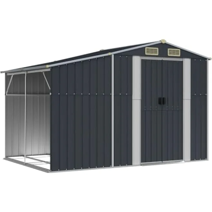 vidaXL Gerätehaus, Gartenhaus mit Schrägdach Griffe, Gartenschuppen Schuppen mit Stauraum, Geräteschuppen Metallschuppen, Anthrazit 277x192,5x179 cm Verzinkter Stahl