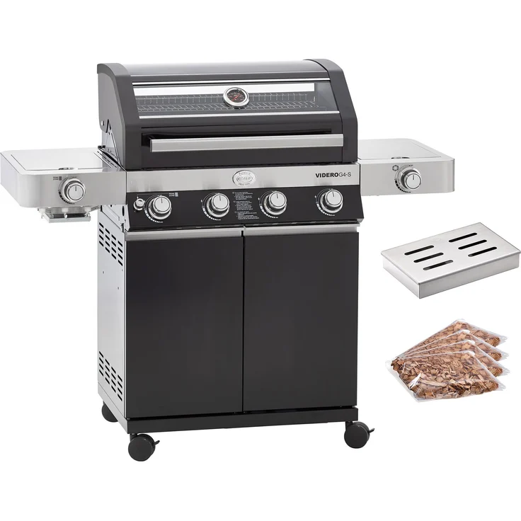RÖSLE Gasgrill RÖSLE BBQ Gasgrill Videro G4-S Vario+ schwarz 2024 mit Räucherset, Gasgrill mit 4 Haupt-Brennern und VARIO+ Grillrostsystem