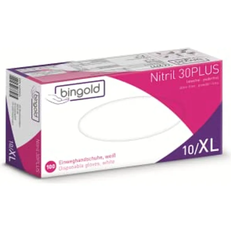 Einmalhandschuhe BINGOLD Nitril 30PLUS, Nitrilhandschuhe, weiß, Größe XL, 100-er Pack