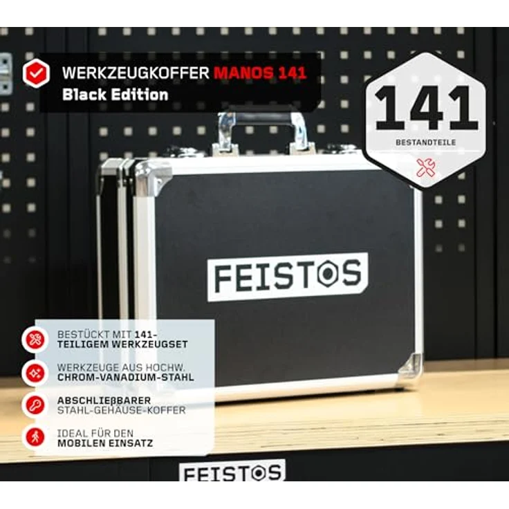 FEISTOS Werkzeugkoffer Manos 141, 141-teiliges Chrom-Vanadium-Stahl Set, LxBxH 15x45x35 cm, stabil und transportabel – Bild 2
