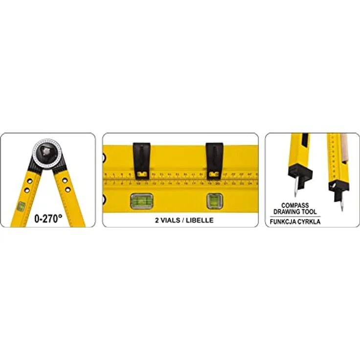 Yato Winkelmesser 3-in-1, Bauwinkel mit Wasserwaage und Zirkel-Funktion, aus hochwertigem Aluminium, Messbereich 0-270 Grad – Bild 7