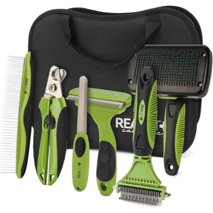 ReaVET Professionelles Hundebürste Fellpflege-Set für Hunde & Katzen I Pflegeset 6-teilig I Hundebürste, Entfilzungsbürste, Unterwollbürste, Flohkamm, Krallenschere & Pflegetasche
