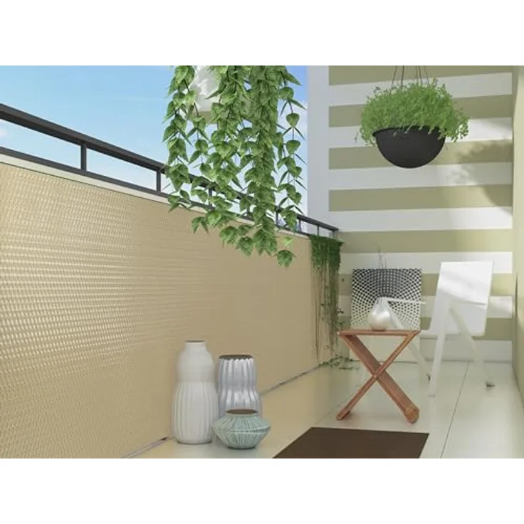 Polyrattan PVC Sichtschutzmatte 300x90 Balkon Zaun Sichtschutz Windschutz beige