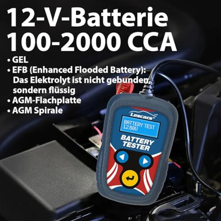 Lescars Batterieprüfer: 12-Volt-Kfz-Batterietester mit Lasttester, 100 bis 2000 CCA (Auto Batterietester Diagnosegerät, Kfz Batterieprüfer, Battery Tester) in Schwarz – Bild 5