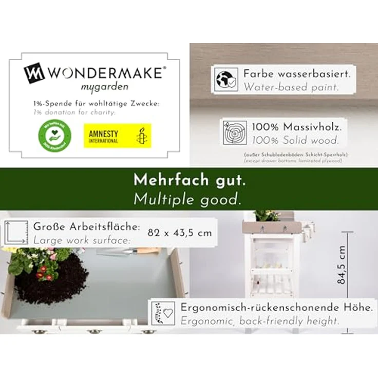 WONDERMAKE Pflanztisch groß weiß mit 3 Schubladen aus Holz wetterfest, Garten-Arbeitstisch XL, Outdoor draußen Balkon hochwertig, Gärtnertisch Umtopftisch, weiß grau – Bild 5