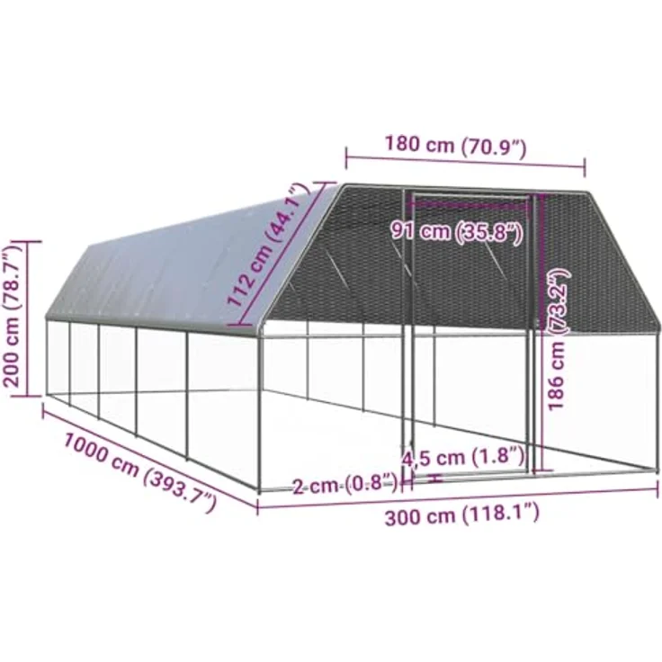 vidaXL Hühnerstall, Outdoor-Hühnerkäfig aus verzinktem Stahl, 3x10x2 m, silbern mit wasserabweisendem Dach und Tür mit Schloss – Bild 5