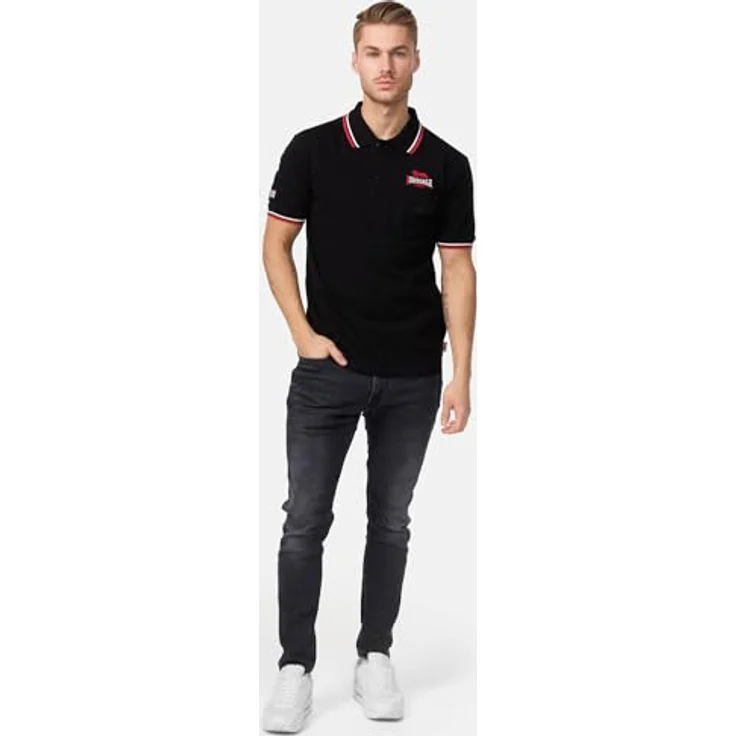 Lonsdale Poloshirt Lynton, Arbeitsshirt mit farblich abgesetzten Stickereien, gestreiften Bündchen und Brusttasche, schwarz – Bild 4