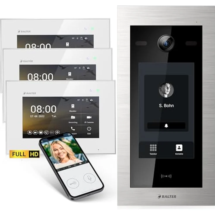Balter EVO-HD Video Türsprechanlage, Komplettset mit 3x 7 Zoll Touchscreen Monitoren, Full HD Kamera, 175° Weitwinkel, Smartphone App, RFID Türöffnung – Bild 1