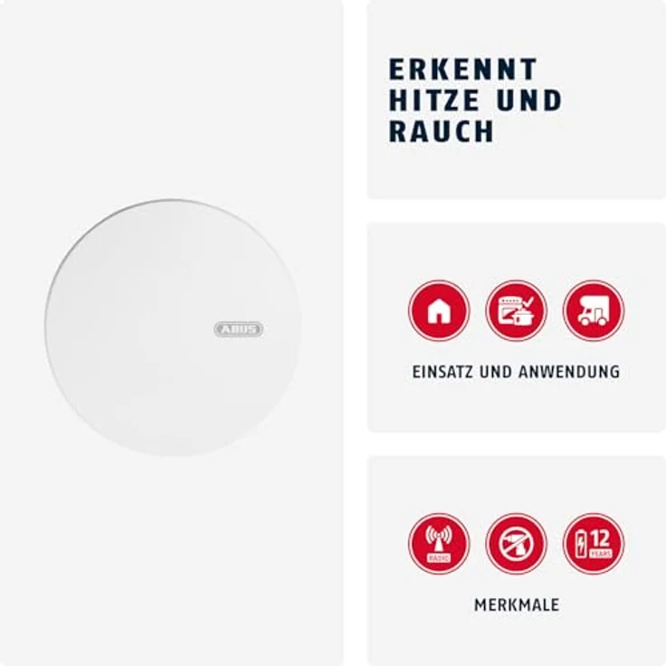 ABUS Funk-Rauchmelder RWM450 - Hitzemelder mit 12-Jahres-Batterie - 15 Melder vernetzbar - Q-Label & DIN EN14604 Zertifiziert - geeignet für Küchen - Weiß - 5er Set – Bild 2