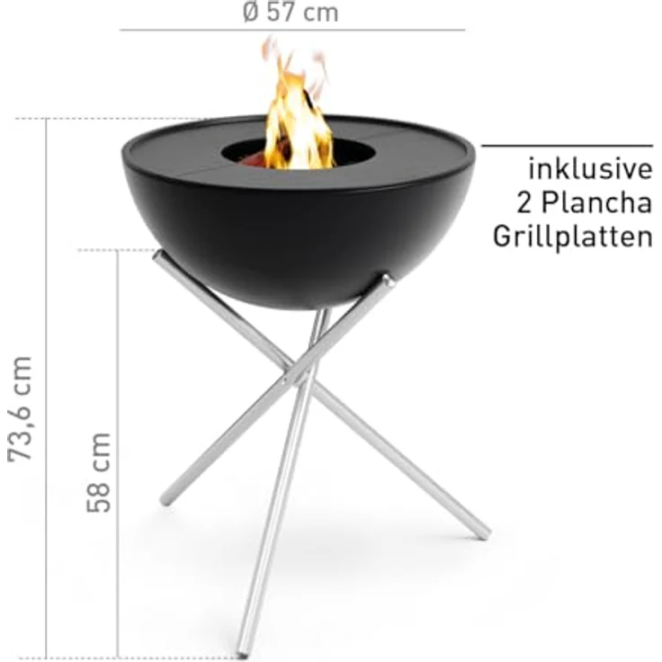 höfats BOWL 57 Plancha Set hoch - Feuerstelle und Plancha Grill - raucharme Verbrennung, kippbarer Feuerkorb, Stahl emailliert, schwarz, Ø 57 cm – Bild 2