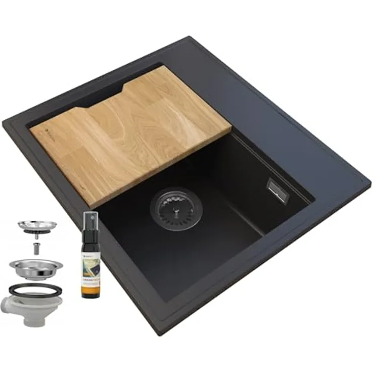 Granitan Granitspüle FOXAL, Unterbauspüle aus Granit, Komplettes Küchenset, 55,5 x 46,5 cm, langlebig und kratzfest, Chrom Siphon inklusive, mit GraniProtect Imprägnierung