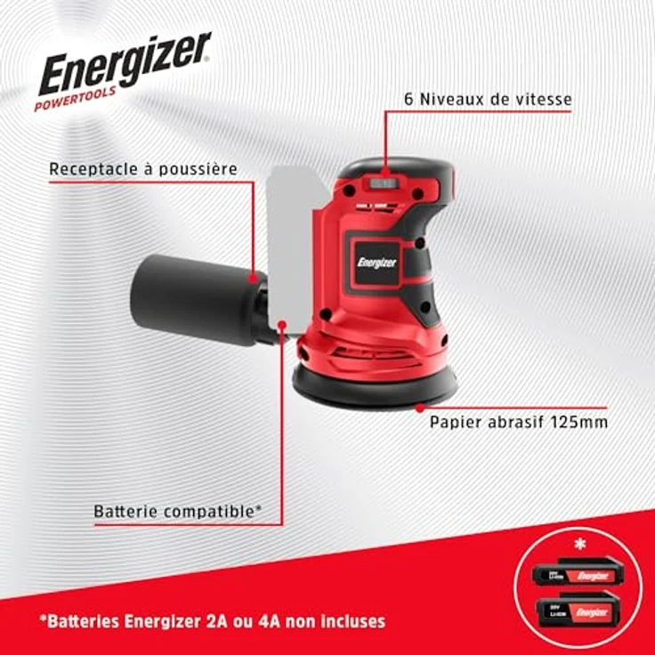 Energizer 20 V Akku-Exzenterschleifer, 10.000 U/min, 6 Geschwindigkeiten, 125 mm Pad, inkl. Auffangbeutel und 10 Schleifscheiben, Akku nicht enthalten – Bild 5