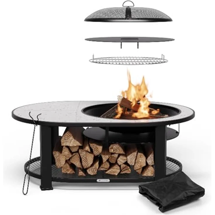 Blumfeldt Merano Circolo L Feuerschale, 3-in-1 mit Grillrost & Terrazzo-Tischplatte, robuster Stahlrahmen, inkl. Funkenschutz & Schürhaken, für Garten & Terrasse – Bild 1