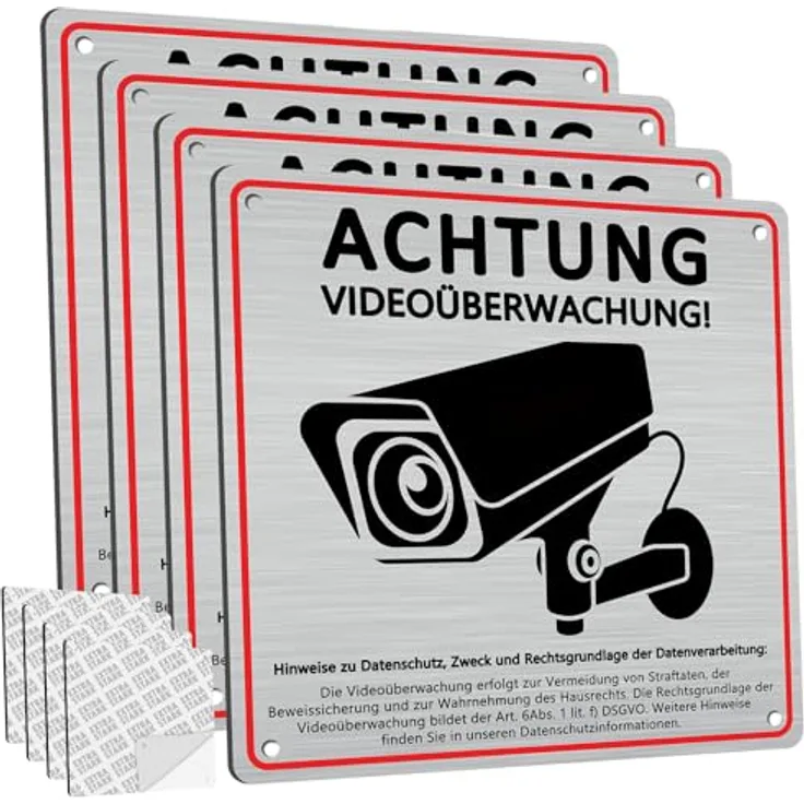 DADAPANGHU 4 Stück Videoüberwachungsschild mit DSGVO Hinweis, 15x15cm, gebürstetes Aluminium, selbstklebend, vorgebohrt, für Innen- und Außenbereich