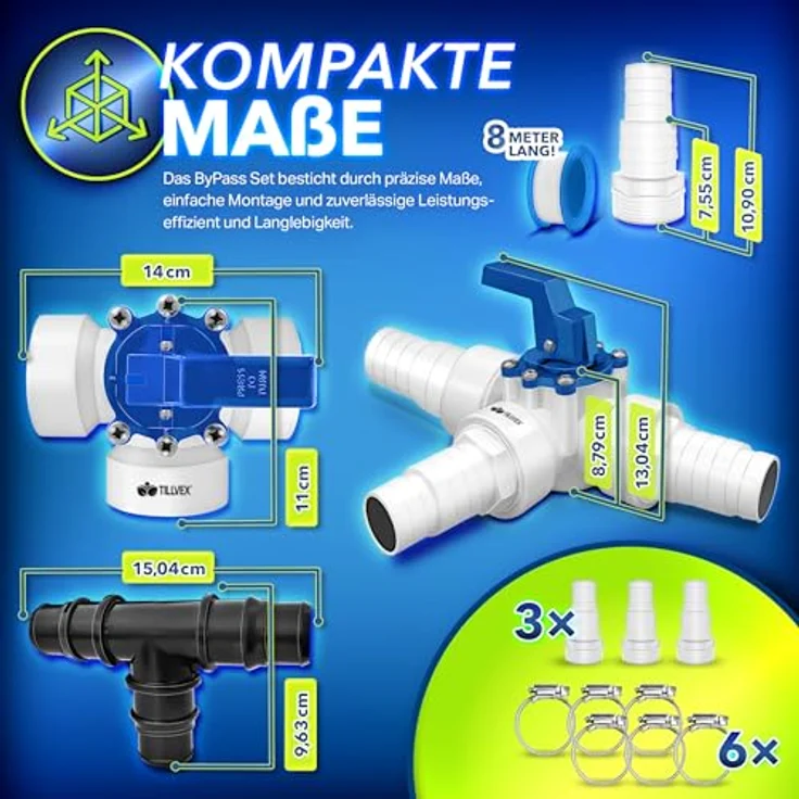tillvex® Bypass Set Pool, 12-teiliges Zubehörset für Sandfilteranlagen, Wärmepumpen und Poolheizung, Ø32 & 38 mm Anschluss – Bild 8