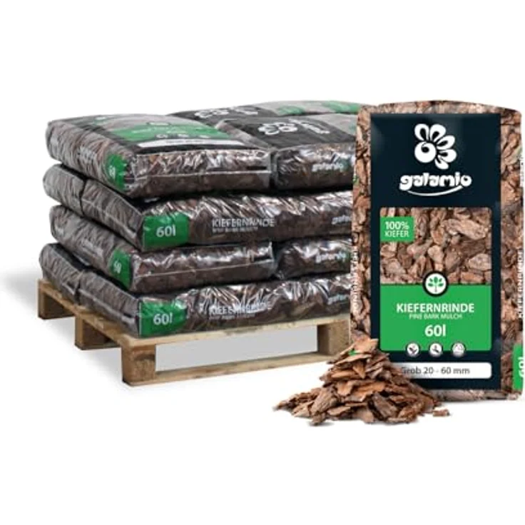 GALAMIO Kiefernrinde & Rindenmulch Grob (20-60mm), unbehandelt, 60l x 12 Sack Palette, natürlicher Bodendecker für Garten, Beet & Deko, trittsicher, pH 5,10, 720l gesamt – Bild 1