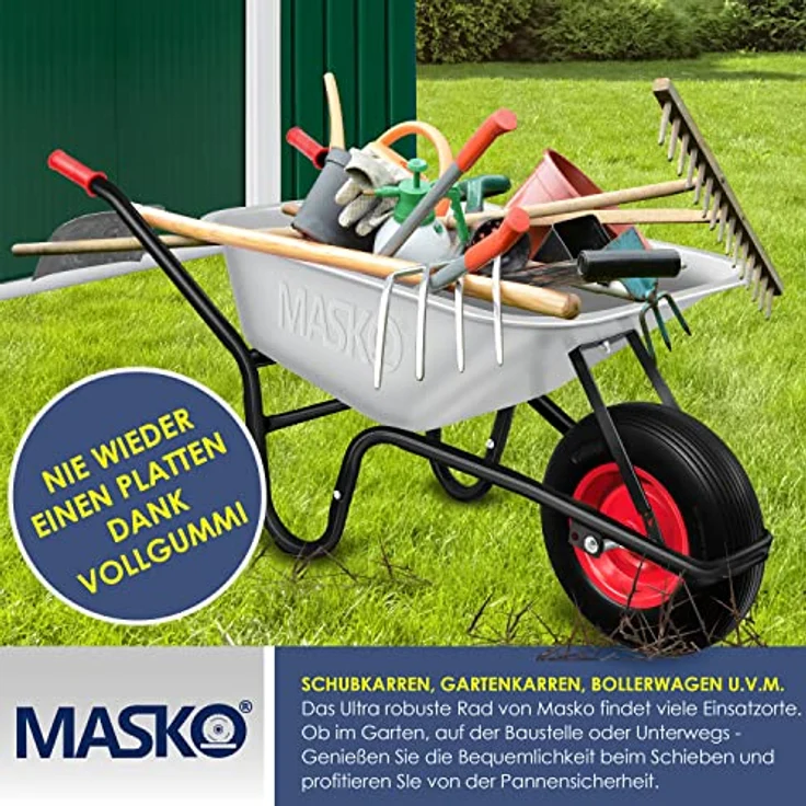 MASKO PU Schubkarrenrad Vollgummi 200 kg pannensicher 4.80-4.00-8 Ø 390mm inkl. Achse Ersatzrad Gummirad Stahlfelge Reifen pannensicher für Schubkarre Gartenkarren pannensicheres PU Rad Schwarz - Rot – Bild 4