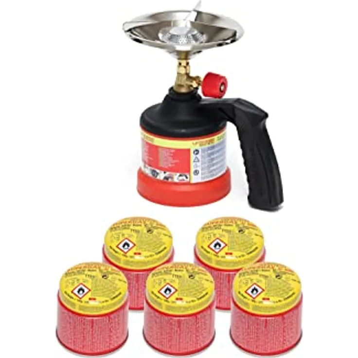 ROTHENBERGER Industrial Scout Campingkocher, Gaskartuschenkocher inklusive 5x C200 Supergas Stechkartusche mit Gas Lock System, leicht und kompakt, robust und langlebig