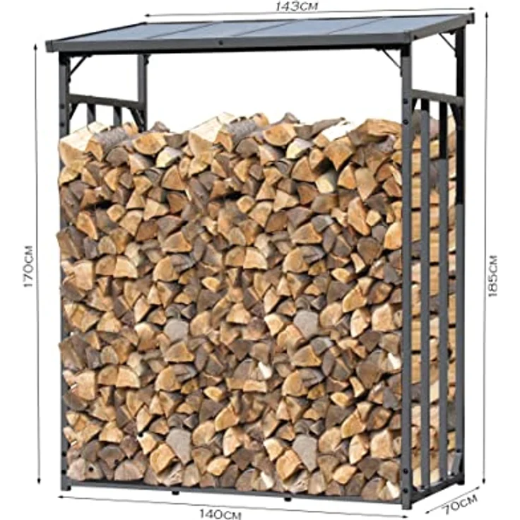 QUICK STAR Metall Kaminholzregal Außen 143 x 70 x 185 cm, Wetterschutz Schwarz, 30 mm Stahlprofil, Wetterfest, 1,8 m³ Kapazität, XL Garten Kaminholzunterstand mit Belüftung – Bild 2