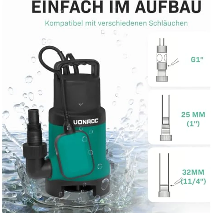 VONROC Tauchpumpe Schmutzwasserpumpe 750W, Gartenpumpe mit Schwimmer, fördert bis zu 1400l/h, Eintauchtiefe 7m, IPX8 wasserdicht – Bild 5
