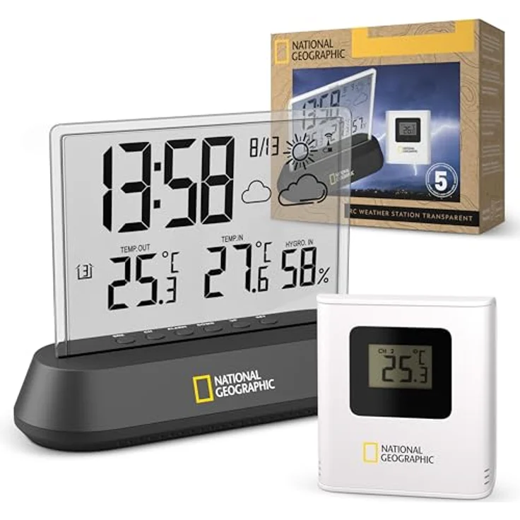 National Geographic Wetterstation, Funkwetterstation mit transparentem Display und Schlummerfunktion, Schwarz – Bild 1