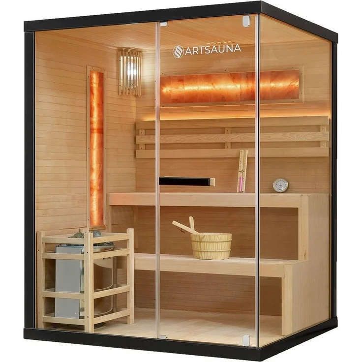 Artsauna Sauna Vantaa 150, BxTxH: 150 x 140 x 190 cm, 5 mm, 2 große Salzsteine, Ambientebeleuchtung, Schwarz/Natur, 3 Personen, 4,5 kW Ofen mit Saunasteinen – Bild 1